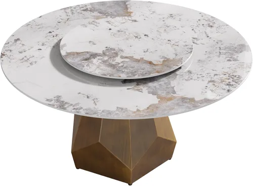 Vista 5 de Montary Mesa de comedor redonda moderna de mármol artificial de 59 pulgadas con base de metal de latón antiguo y tocadiscos de piedra sinterizada