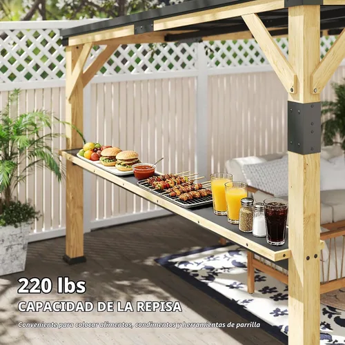 Vista 5 de Outsunny Gazebo de madera de 10'x14' con techo inclinado de acero