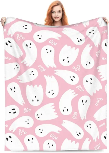 Vista 2 de Manta rosa de fantasmas de Halloween, manta de franela ligera y suave y mullida para cama, sofá, sala de estar, automóvil, viajes, mascotas, 40 x 30