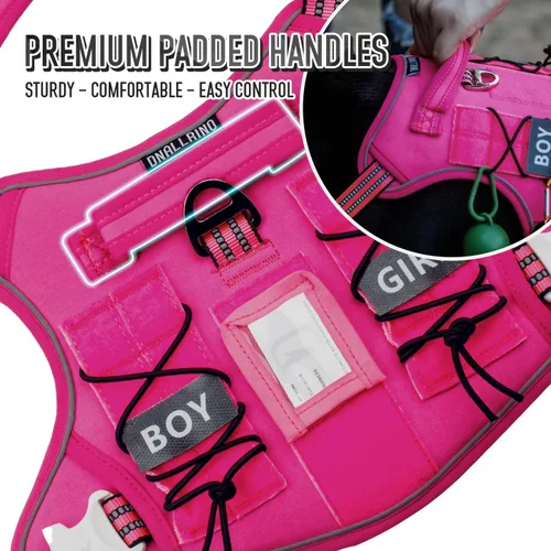 Vista 5 de Arnés táctico para perros medianos y grandes, color rosa, ajustable, sin tirones, con asa, chaleco reflectante resistente, talla S Rosado