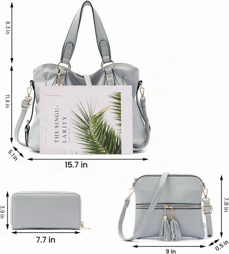Vista 3 de Qiyuer - Juego de bolsos y carteras para mujer: bolso grande tipo bandolera, bolso tipo hobo y cartera, 3 piezas A01-3pcs/Set Gris
