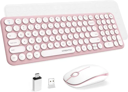 Vista 10 de Combo de teclado y mouse inalámbricos, 2.4 GHz, silencioso, delgado, lindo, redondo, tamaño compacto, color verde, Kawaii, juego de teclado retro