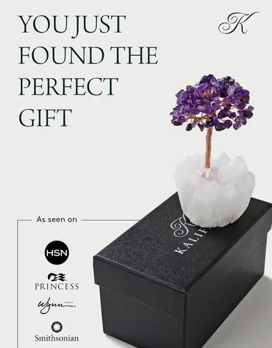 Vista 5 de KALIFANO Amatista natural (más de 100 piedras preciosas!) Árbol de cristal de chakra con base de racimo de cuarzo, árbol de dinero bonsái Feng Shui
