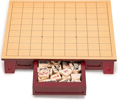 Vista 5 de Juego de ajedrez japonés Shogi, con tabla y cajones de madera y las tradicionales piezas Koma
