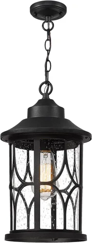 Vista 9 de zeyu ZX48H BK - Lámpara colgante exterior para porche, 12 pulgadas, con vidrio sembrado, acabado negro, ZX48H BK