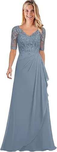 Vista 5 de Women's V-Neck Chiffon Mother of The Bride Dresses Lace Long Ruffle Prom Dress with Half Sleeve Formal Evening Party Gowns