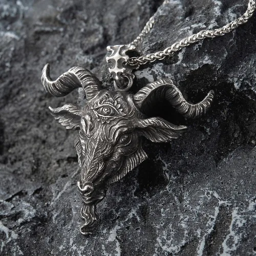 Vista 3 de KIRTIJW Collar satánico con cabeza de cabra invertida, pentagrama sigilo de Lucifer, collar con colgante de joyería para hombres y niños, 23.6 in