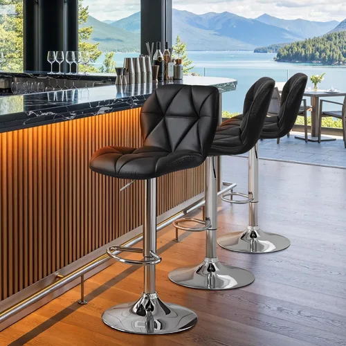 Vista 8 de Yaheetech Juego de 2 taburetes de bar, modernas sillas ajustables para isla de cocina, taburetes giratorios de piel sintética negra para bar, Negro