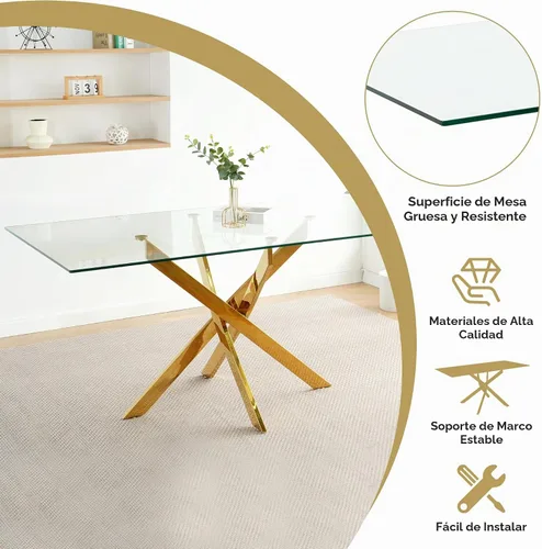 Vista 5 de Juego de mesa de comedor de cristal dorado moderno de 63 pulgadas para 6, juego de mesa de cocina rectangular de 7 piezas con patas de acero Negro