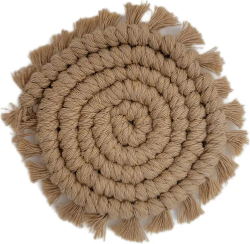 Vista 2 de Posavasos de macramé para automóvil, colección Earth Tones, 2 posavasos de algodón boho de 3 pulgadas para portavasos (arcilla)