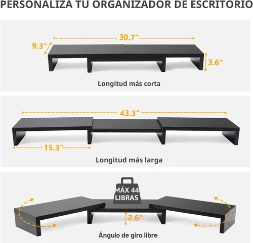 Vista 3 de TAVR - Soporte para monitor doble, organizador de escritorio de oficina para 2 monitores, longitud y ángulo ajustables, 3 estantes, soporte