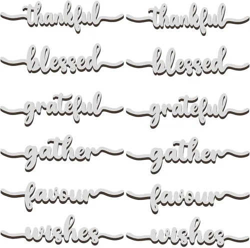 Vista 16 de 12 piezas de letreros de madera con palabras navideñas recortadas "Joyful Merry Thankful Grateful Blessed Peace Gather" para decoración de plato