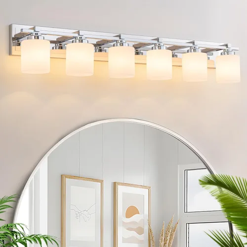 Vista 9 de 1 Luminaria Moderna de Baño sobre Espejo, Luces de Tocador Negro Dorado para Apliques de Pared de Baño con Pantallas de Vidrio Blanco Lechoso