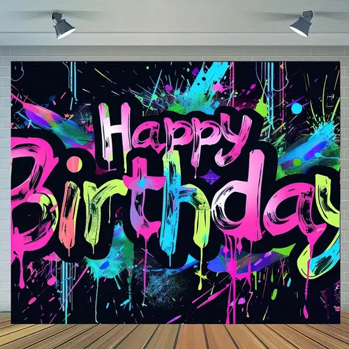 Vista 23 de HOMETITUTE Pancarta de Neón de Feliz 10mo Cumpleaños 71 x 43 pulgadas, Salpicadura de Pintura que Brilla en la Oscuridad, Telón de Fondo