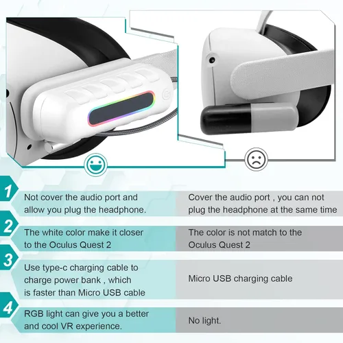 Vista 6 de Hurra Battery Pack for Oculus Quest 2 5000mAh Rechargeable Extended Power with RGB Light for OculusMeta Quest 2 Headset Lightweight High Speed VR