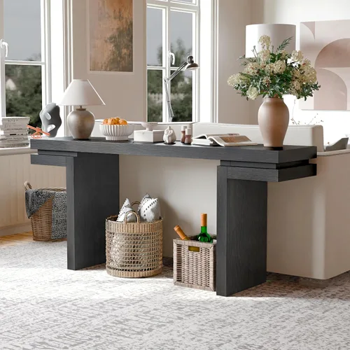 Vista 20 de Mesa consola de madera de 45 pulgadas para mesa de entrada, consola minimalista estrecha retro de granja con madera de mango maciza, mesas de sofá
