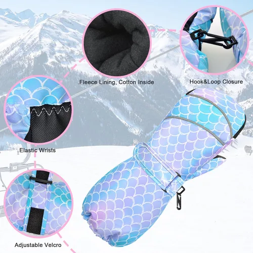 Vista 3 de AuSletie Guantes de invierno impermeables para niños, guantes de esquí para la nieve para niñas, guantes de snowboard cálidos con forro de sherpa