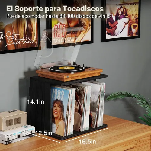 Vista 2 de Emfogo Vinyl Record Storage, Record Player Stand Wall Mount Up to 80-100 Albums, 3-Compartment Vinyl Record Holder, Black Negro