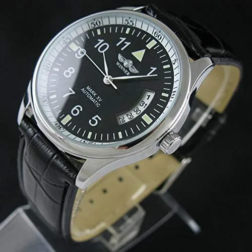 Vista 4 de VIGOROSO Reloj deportivo de cuerda automática de cuero negro para hombre, Negro -, Reloj de cuerda automática