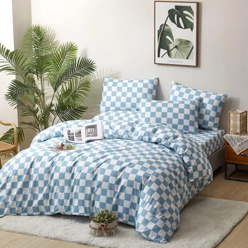 Vista 4 de Houseri Juego de funda de edredón de tamaño individual a cuadros azul claro y blanco para niños, juego de cama azul bebé para niños y niñas, juego