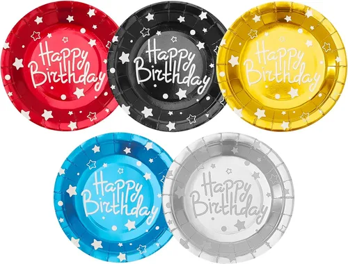 Vista 17 de Platos de papel de fiesta de feliz cumpleaños, platos de postre negros, 7 pulgadas, 50 unidades, lunares de aluminio para decoraciones de fiesta