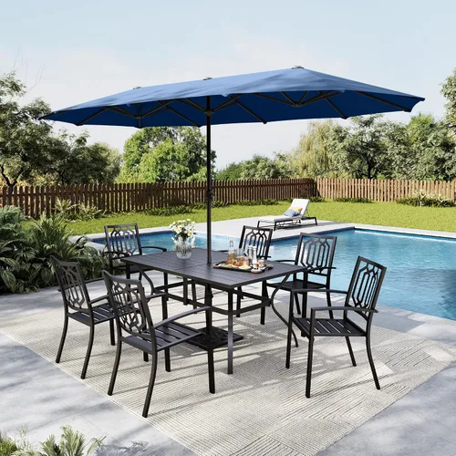 Vista 20 de MFSTUDIO Juego de mesa de comedor para patio al aire libre con paraguas, 4 sillas giratorias y 1 x 37 cuadrado Bistro forjado Iorn Slat mesa grande