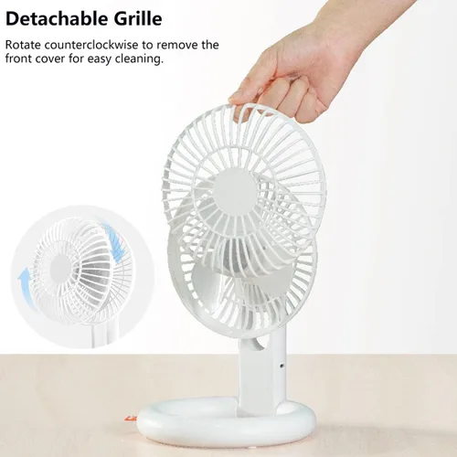 Vista 8 de Ventilador de escritorio plegable, ventilador de techo recargable USB con base de anillo, mini ventilador portátil silencioso de mesa