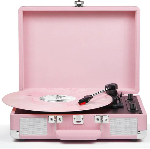 Vista 9 de Tocadiscos de vinilo Bluetooth, tocadiscos portátil vintage para maleta Rosa bebé