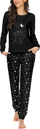 Vista 18 de Ekouaer - Conjunto de pijama de manga larga para mujer, ropa de dormir suave con cuello redondo y bolsillos, conjuntos de ropa de descanso Negro