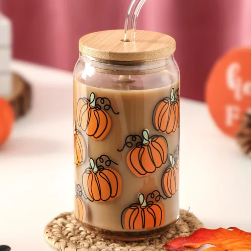 Vista 7 de Tazas de vidrio de calabaza de Acción de Gracias, 16 onzas, taza de café helado de otoño, taza de vidrio con forma de lata con tapa y pajita, café