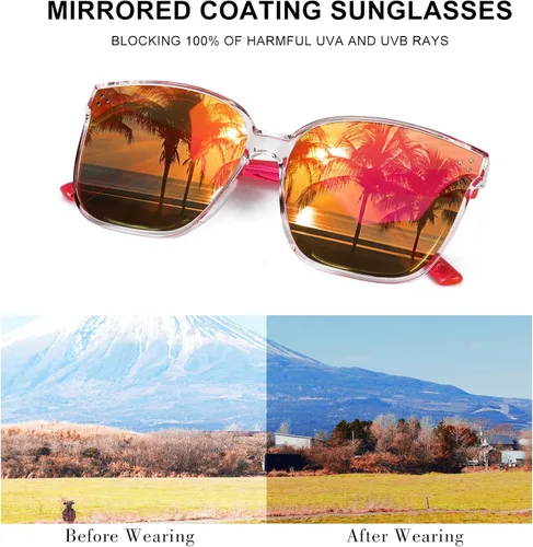 Vista 3 de Sumato Gafas de sol para mujer, lentes de sol rosas de gran tamaño para mujer con lente de espejo de moda con bloqueo UV400