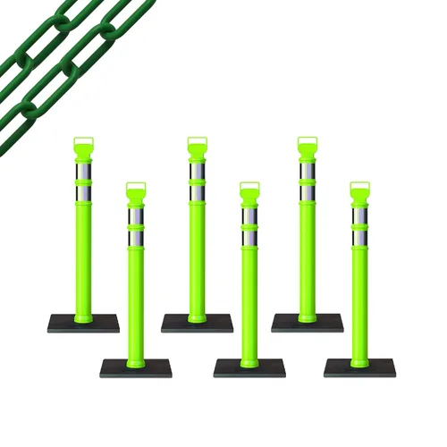 Vista 43 de CCW 6-Pack 45" Delineador Post Kit Kit de 3.0 in collares reflectantes, base de goma de 10 lb (6 postes blancos con cadena negra de 50 pies)