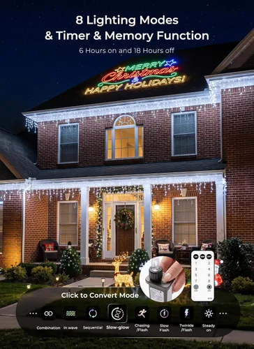 Vista 2 de Luces de Navidad de carámbano para exteriores, 40 pies, 432 LED, impermeables, para exteriores, 8 modos de iluminación, con control remoto