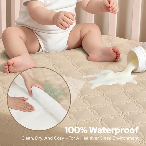 Vista 2 de BEDLORE Protector de colchón impermeable para cuna, paquete de 2 protectores de colchón beige suave, sin ruido, lavable a máquina, máxima protección