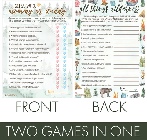 Vista 3 de DISTINCTIVS Little Adventurer - Juego de Baby Shower - ¿Qué hay en tu teléfono y palabras Scramble? 20 tarjetas de doble cara - Juegos de baby