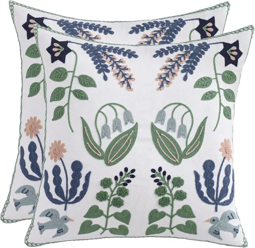 Vista 14 de Fundas de almohada bordadas de 16 x 16 pulgadas, paquete de 2 Aves y flores
