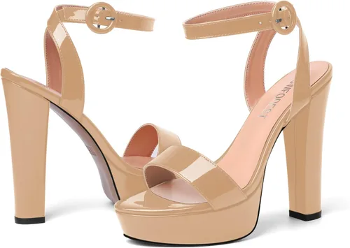 Vista 6 de SHOWFOREST Sandalias de tacón alto para mujer, con hebilla de plataforma y hebilla de charol y correa de tobillo de bloque sólido, 5 pulgadas Beige