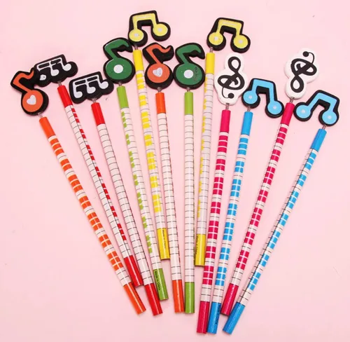 Vista 3 de 12 lápices temáticos de música, lápices de notas musicales, lápices de madera para niños, lápices de rayas de colores, lápices de rayas