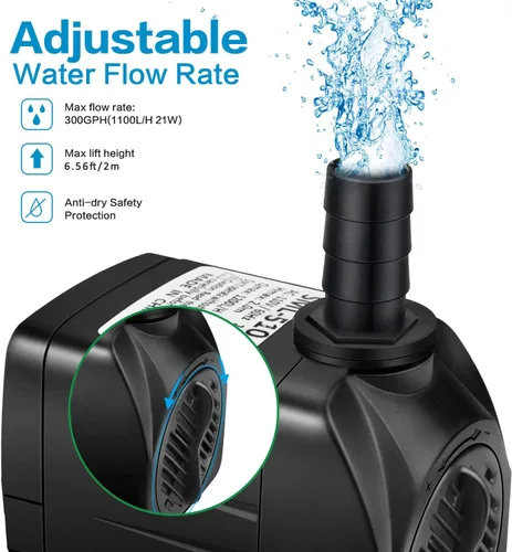 Vista 4 de Jhua Bomba de fuente de agua sumergible de 300 GPH (1100 L/H, 21 W), bombas de fuente ultra silenciosas sumergibles para exteriores con cable