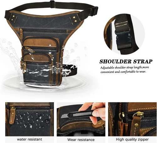 Vista 5 de Handadsume Riñonera de lona resistente al agua + cuero para motocicleta, riñonera, bolsa de pierna para muslo, para hombres y mujeres, FB913-5