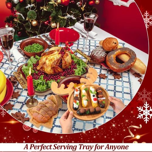 Vista 5 de Sintuff Bandeja de bambú con forma de árbol de Navidad y alce, 2 unidades, de madera natural, para aperitivos, bonitos regalos, para fiesta