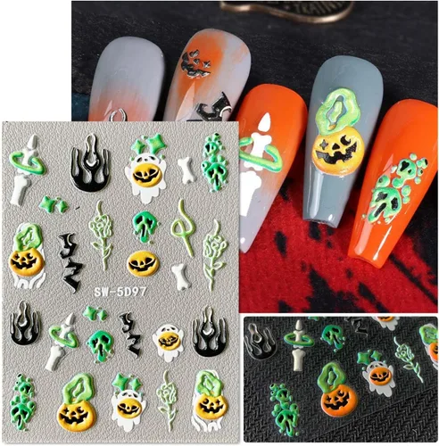 Vista 5 de Calcomanías de uñas de Halloween con diseños atractivos, 5D en relieve autoadhesivas, calcomanías de arte de uñas de Halloween, calavera, fantasma
