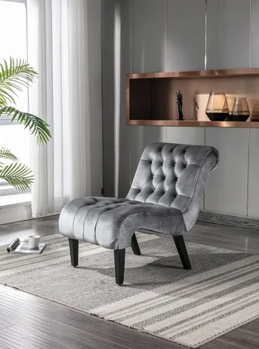 Vista 12 de Modern Velvet Armless Accent Living Room Chair,Upholstered Fabric Button Comfortable Leisure Chair with Wooden Legs for Bedroom,Office (Beige Velvet)