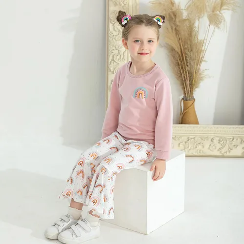 Vista 4 de YOUNGER TREE Conjunto de ropa para niña pequeña, camiseta de manga larga, pantalones de arcoíris, conjunto de pantalones, ropa de bebé para otoño e