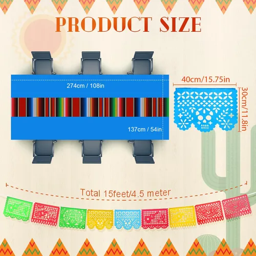 Vista 2 de Preboun Mantel de plástico mexicano y pancarta de papel picado mexicano, suministros de decoración de fiesta para mesas rectangulares, carnaval