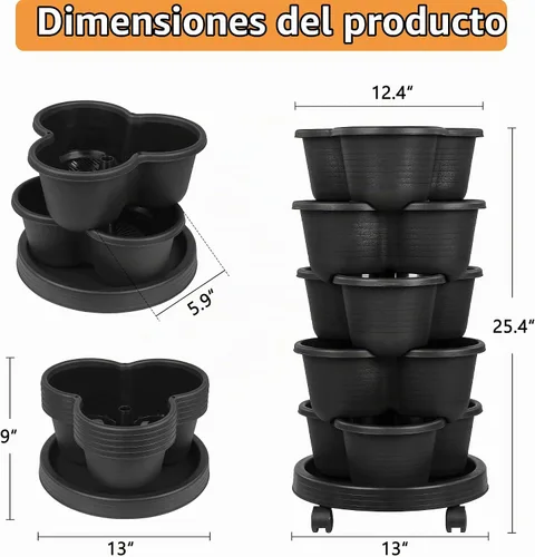 Vista 2 de VECELO Macetero vertical de 5 niveles, apilables, con ruedas para fresas, hierbas, flores, verduras, color negro