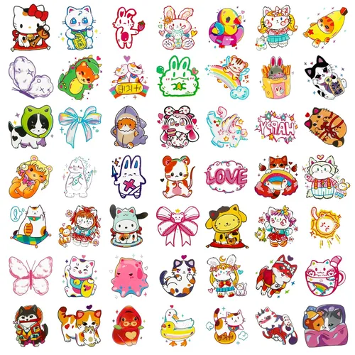 Vista 5 de Konsait 50 hojas de tatuajes de anime, tatuajes de gato de estilo mixto de dibujos animados, envueltos individualmente, tatuajes temporales de gato