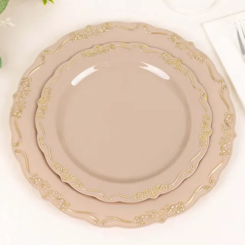Vista 22 de Efavormart - Paquete de 10 platos desechables de 7 pulgadas transparentes con borde vintage burdeos, elegantes platos de postre de plástico