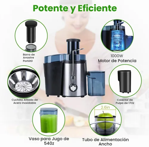 Vista 7 de Moclever - Máquina exprimidora centrífuga de 1000W para frutas y verduras - Extractor de jugo con control de 2 velocidades, tolva de alimentación