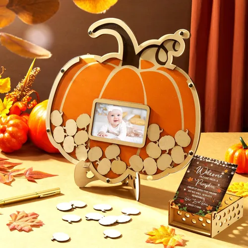 Vista 7 de Thyle Juego de 63 piezas de calabaza para baby shower, libro de invitados de otoño, Halloween, calabaza, baby shower, con marco de fotos, marco